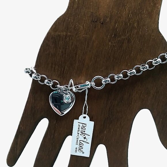 Park Lane Cherish Heart Bracelet Silver-tone Charm Crystal Accent Rolo FLAW READ - Picture 7 of 11